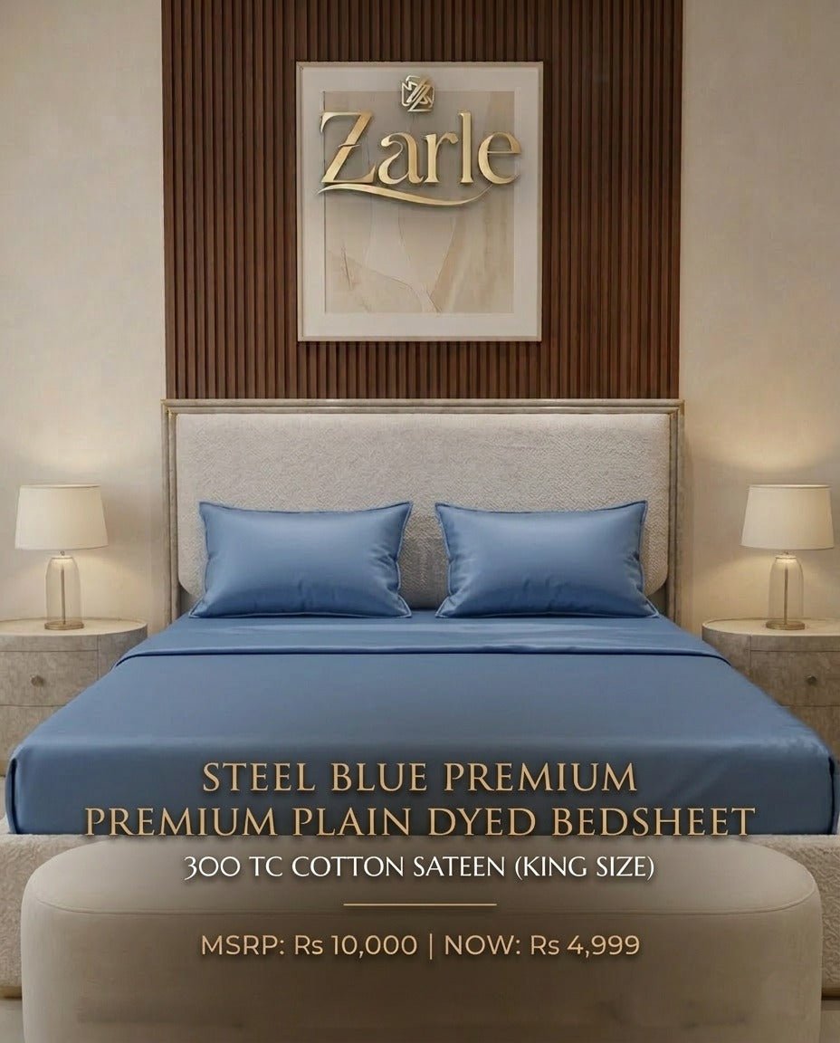 Steel Blue Premium Plain Dyed Bedsheet – 300 TC Cotton Sateen (King Size) - Zarle