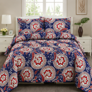 printed quilted bedspread set blue