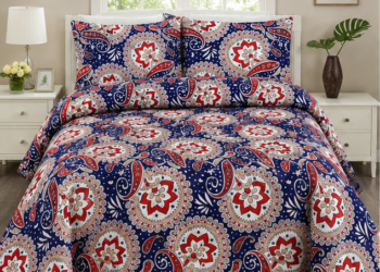 Printed Quilted Bedspread Set Blue