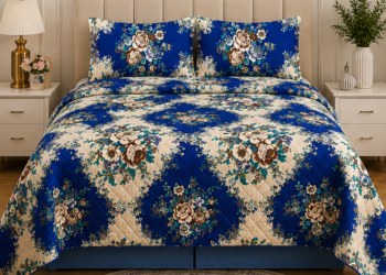 Printed Quilted Bedspread Royal Blue