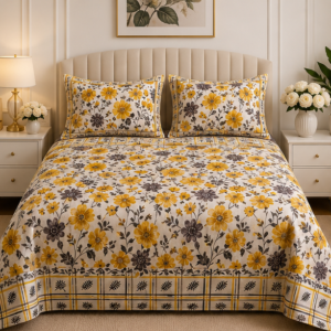 crystal cotton lifetime bedsheet cream with mustard yellow