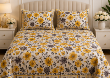 Crystal Cotton Lifetime Bedsheet cream with Mustard Yellow